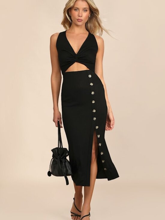 Lulus Dresses & Skirts - Lulus Trend Seeker Black Ribbed Twist-front Cutout Midi Dress - Size S